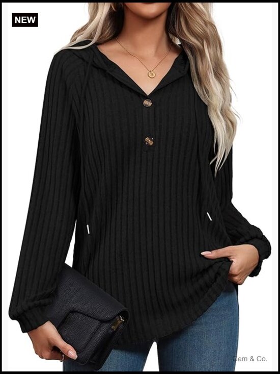 Tops - V Neck Drawstring Hoodie - Loose Fit Long Sleeve Pullover Sweatshirt